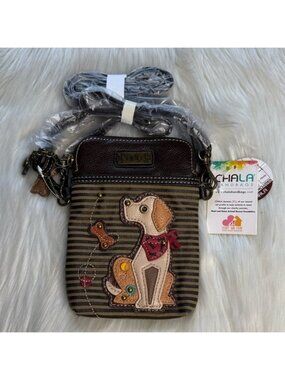 Chala Brown Striped Vegan Leather Yellow Lab Cellphone Crossbody